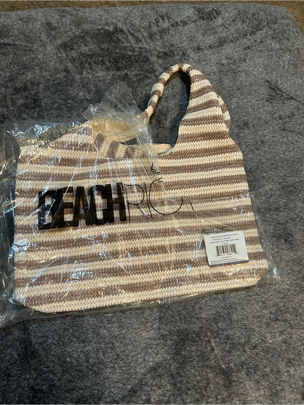 Striped Crochet Tote Bag - taupe and off white